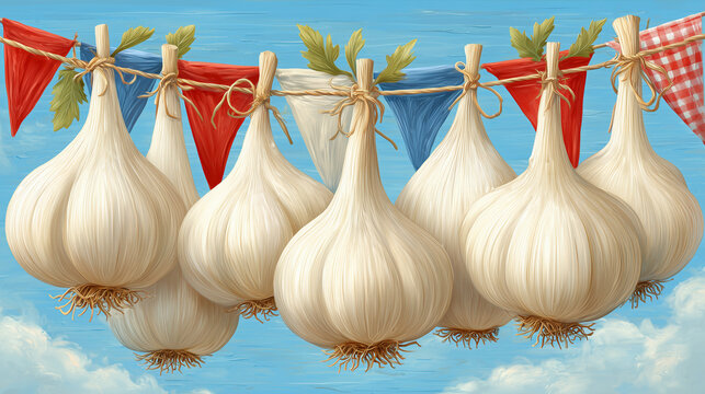 Vibrant Gilroy Garlic Festival scene with garlic bulbs hanging under colorful flags