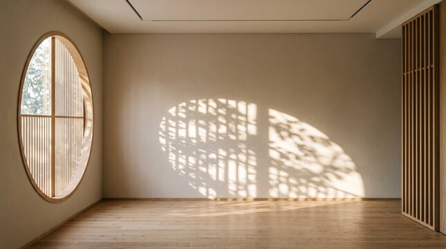 Minimalist Japanese style empty room with round window wooden slat screen casting sunlight shadows on wall and floor serene modern interior