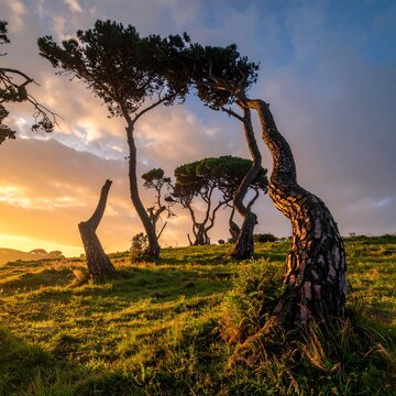 Gnarled trees on a grassy hill at sunset