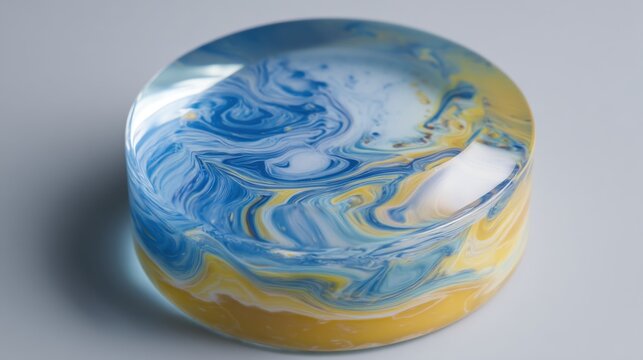 Resin paperweight with blue and yellow swirling patterns. Decorative glass sphere with marbling effect. Handmade art object for office interior design and display on a desk surface.