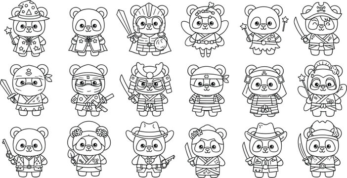 Cute Panda Character Outline Set with Costumes Ninja Samurai Cowboy and Fantasy Roles Line Art Vector Collection for Coloring Book and Kids Illustration