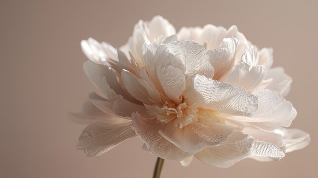 Macro shot of a single pale peony flower against a soft beige background. Beautiful floral composition for artistic design, greeting card, wedding invitation, and spring decor.