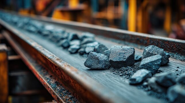 Stunning photo of industrial processing of rare earth elements. Precious metals extracted from ore. Material on conveyor belt. Mining industry. Extraction process. Sustainable.