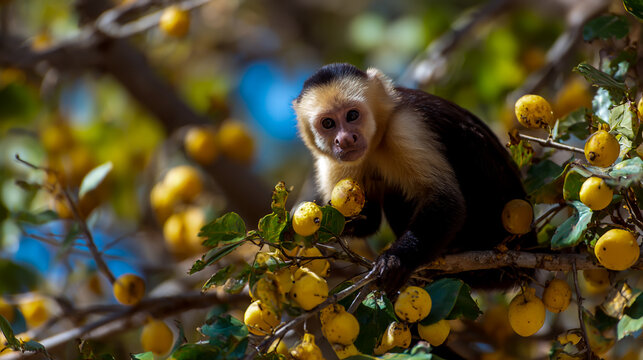 capuchin monkey eating ripe fruit in rainforest tree