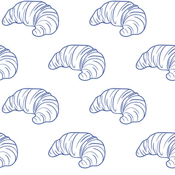 Vintage La Dolce Vita seamless pattern with croissants and bows. Paris bakery pastry theme. Whimsical chalk-style vector for patterns, prints, wallpapers and product design.