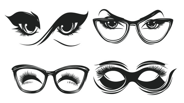 Collection of stylized illustrations of eyes with glasses. Black and white, artistic, creative designs