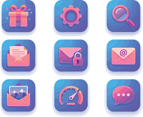 Fototapeta premium Gradient Mobile App Icon Set with Gift, Settings, Search, Email, Lock, Speed, and Chat Symbols for UI and Digital Design Projects