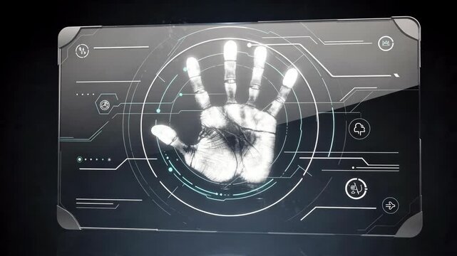 Futuristic biometric hand recognition display with glowing interface and digital security system concept showing advanced technology authentication with modern cyber design high detail visualization