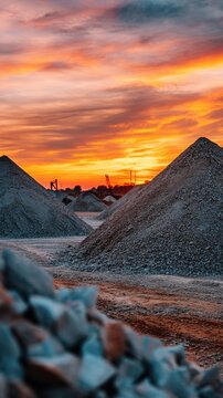 Stunning photo of piles of aggregate at a construction site during a sunset.