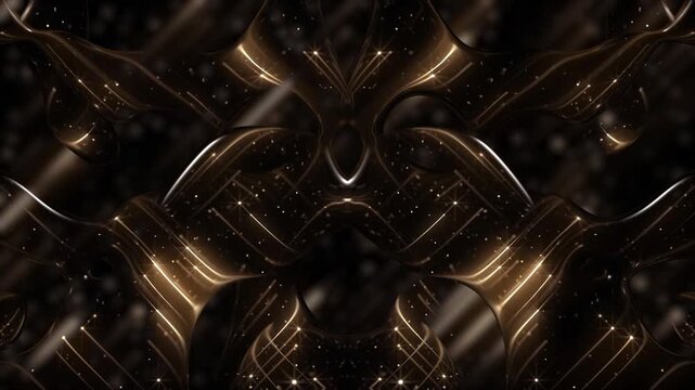 Luxury liquid motion background with glittering golden stardust particles flowing through fluid morphing glassy blob shapes. This elegant luxurious symmetrical design is a seamless loop.