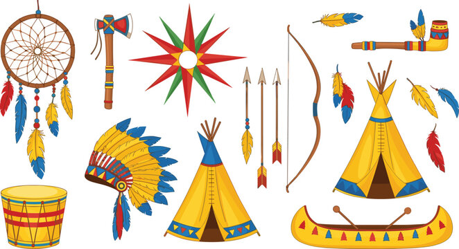 Native American Culture Illustration Set with Dreamcatcher Headdress Teepee Bow Arrow and Tribal Elements Vector Collection for Ethnic Design and Heritage Art