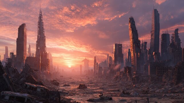 Stunning photo of post-apocalyptic city ruins with destroyed skyscrapers at sunset in a dystopian urban landscape.