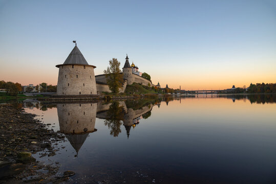 View on the Kremlin towers on sunset. Historical center of Pskov, Russia