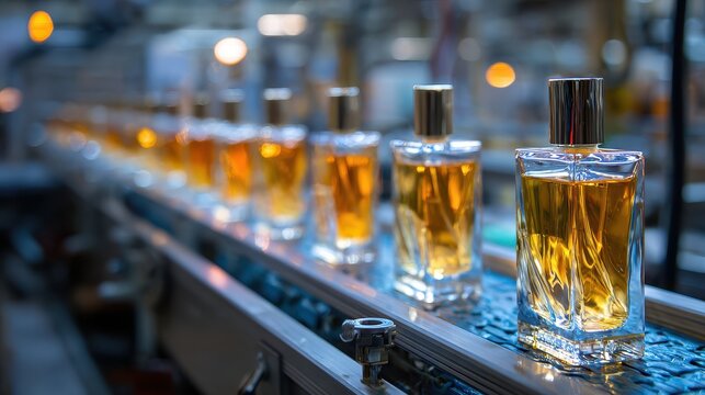 Stunning photo of row of luxury perfume bottles on an automated conveyor belt in a manufacturing factory.