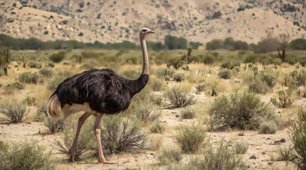 Fototapeta premium Majestic Ostrich in Desert Habitat Wildlife Photography Stock Image Graceful Bird Running in Sandy Landscape Exotic Animal in Arid Environment High Resolution Nature Photo for Adobe Stock