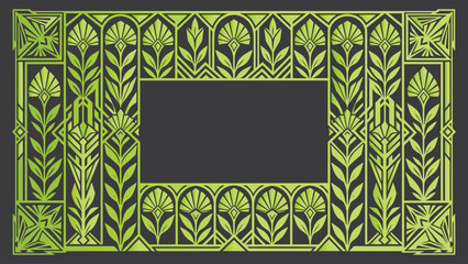 Decorative botanical organic frame with intricate green leaves, vines and floral motifs on black background. Elegant lime green vector border ideal for invitations, wedding stationery, certificates. © creative