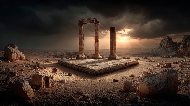 Space universe exploration, fantasy. A dramatic portrayal of an ancient temple complex in a desert landscape. The temple consists of three tall, slender columns with intricate carvings.