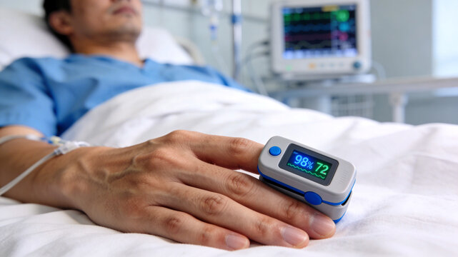 An adult patient rests in bed wearing a pulse oximeter on his finger to monitor oxygen levels and heart rate