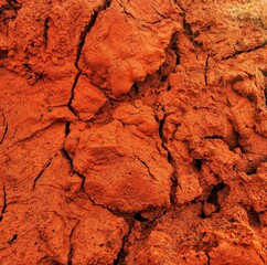 Fototapeta premium Macro shot of dry cracked red clay earth texture with natural organic details.
