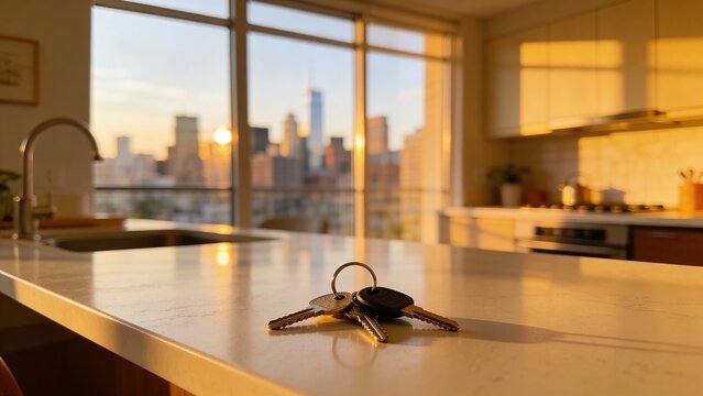 A warm sunset illuminating a modern kitchen with keys on the counter, symbolizing new beginnings and urban living.