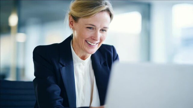 Smiling woman in business attire working on a computer