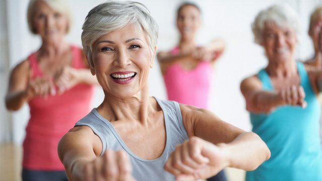 Active senior women exercising together in fitness class promoting healthy aging lifestyle, longevity focused movement and preventive health training, community wellness program supporting mobility