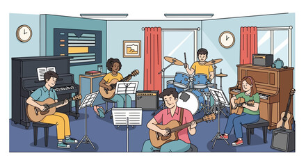 Diverse group of young musicians practicing instruments in a bright studio, learning music © Karim