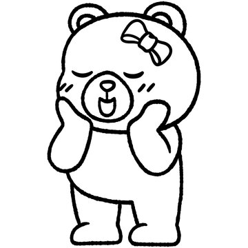 Chubby belly cute feminine teddy bear in love and stand blush bashful line outline doodle hand-drawn