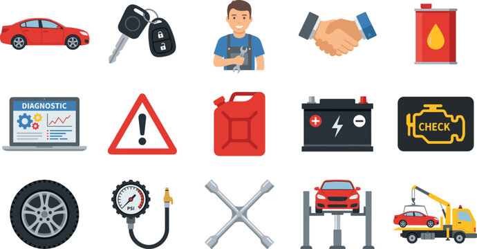 Car Service and Auto Repair Icon Set with Mechanic, Battery, Tire, Diagnostic, Fuel, and Tow Truck for Automotive and Garage Design Projects