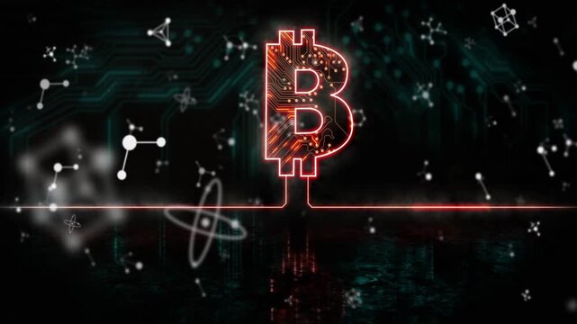 BTC pulsing, streaming, neon line powering, glyphs drifting on teal circuit showing network flow