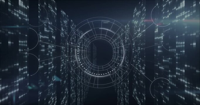 Central circular HUD activating after grid drawing rings, arcs sweeping clockwise showing data flow