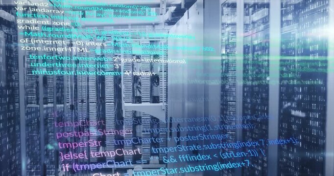 Teal code overlay appearing on server-rack aisle, scrolling and brightening, visualizing data flow