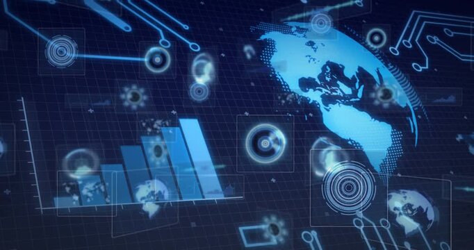 Stylish rotating blue globe reacting to pulse, guiding HUD assembly left-right into data dashboard