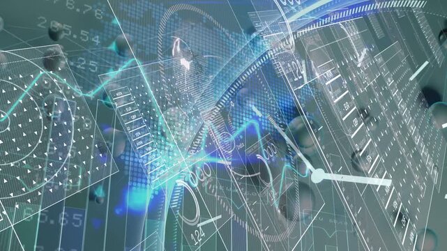 Translucent clock rotating, teal waveform crossing rim emitting pulse, visualizing currency trends