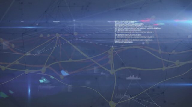Node network starting pulse, yellow nodes pulsing, text shifting, scans sweeping, showing data flow