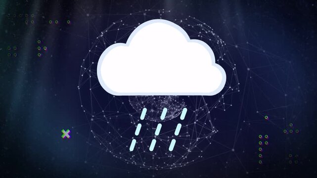 Cloud appearing while globe pulsing, nodes flickering and raindrops jittering, showing forecast