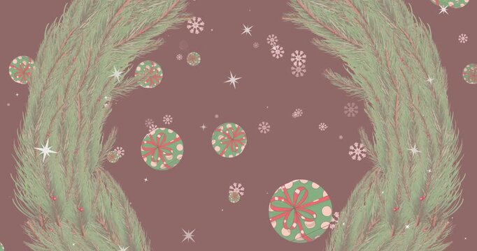Pine wreath framing center stars starting flakes drifting swirls floating decorating maroon field