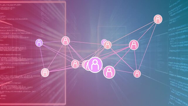 Central purple node pulsing, causing links redrawing while nearby nodes clustering in tech network