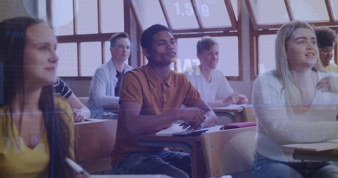 Male student and peers listening in school class, teacher cueing notes while numbers overlay desks