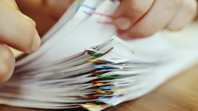 fingers fingering large stack of paper documents. person work sorts through documents in search. Hands close-up hand sorting lot papers files highlighting organization tasks. Office worker, still life