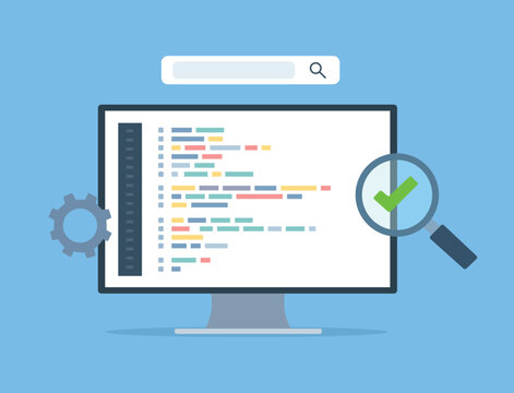 Code Review and Software Testing Concept with Monitor, Magnifying Glass and Check Mark Vector Illustration