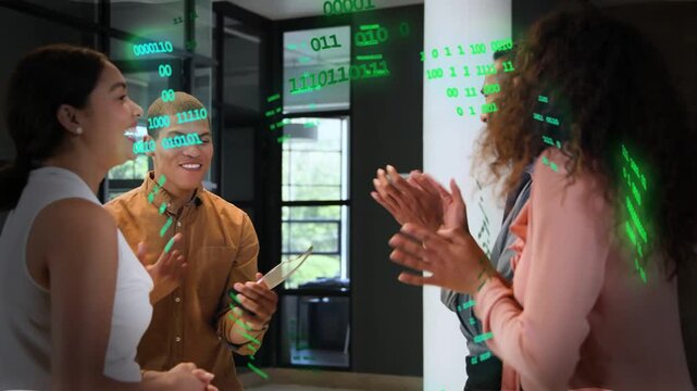Presenter extending trophy to recipient office team celebrating while green binary overlay moving