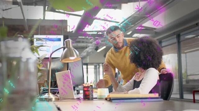 Woman tapping laptop, man leaning pointing at chart, scribbles overlaying, analyzing business data