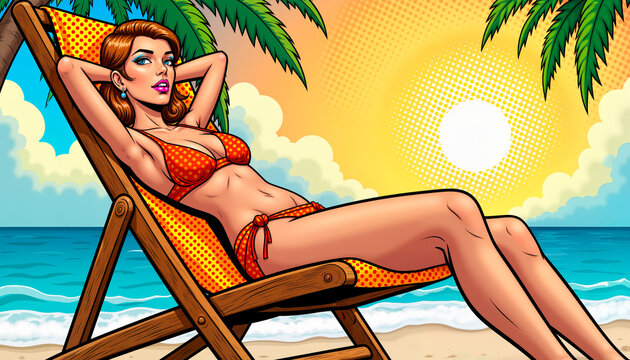 Young woman in bikini relaxing on beach chair under sun with palm trees,  pop art style    