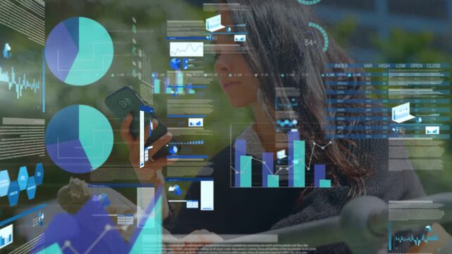 Adult woman scrolling phone causing business charts sliding over scene raising phone calling client