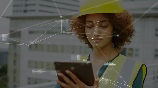 Vertical video: Tablet tapping opening data overlays, engineer in hard hat scanning roof for safety