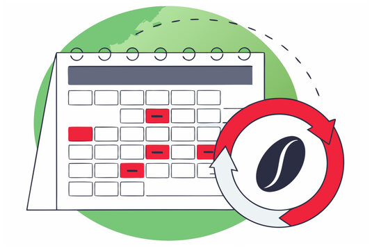 Calendar with recurring red marked dates and coffee bean with refresh arrows. Subscription-based commerce concept. Vector illustration