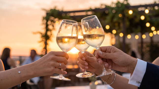 Friends toasting white wine glasses at sunset, outdoor celebration with golden light and festive summer ambiance. 