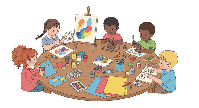 Diverse children engaged in creative arts and crafts at a round wooden table, painting and drawing.