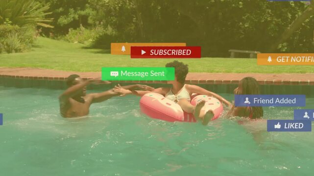 Woman on pink donut float sitting, friends splashing pool causing subscribe icons for social media
